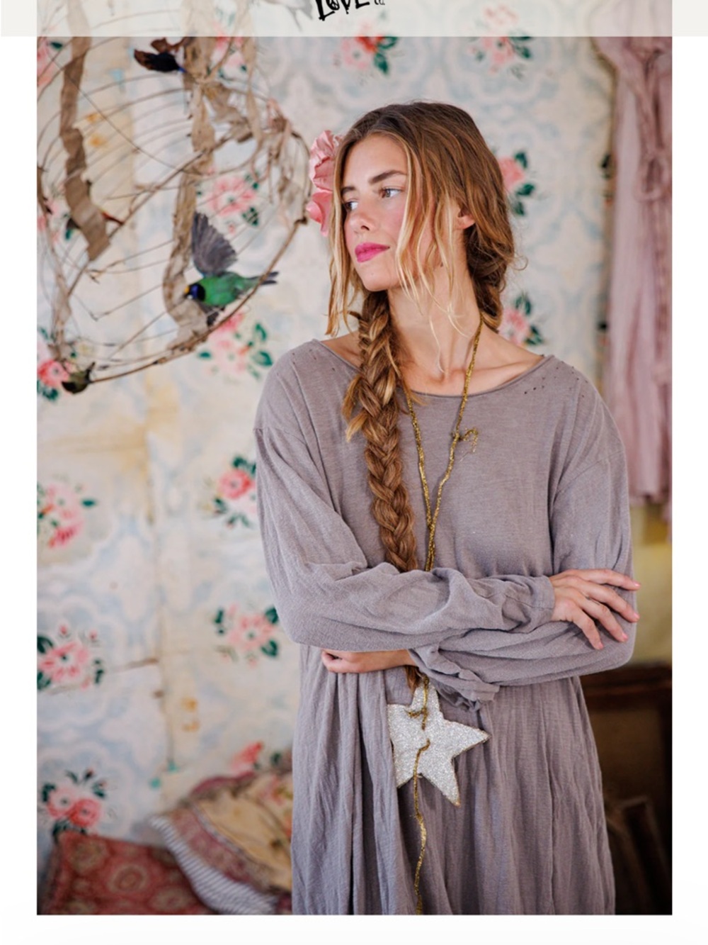 MAGNOLIA PEARL Viggo Long Sleeve TShirt Tee Maxi Dress O/S Cupid Logo Taupe - Picture 3 of 16